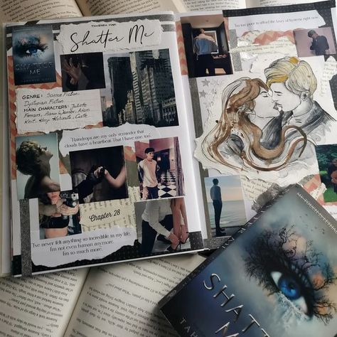 Shatter Me Journal, Book Journal Tbr Page, Book Series Journal Page, Shatter Me Scrapbook, Movie Journal, Reading Journal Collage, Books Ive Read Bullet Journal, Book Journal Layout, Tbr Bullet Journal Spread