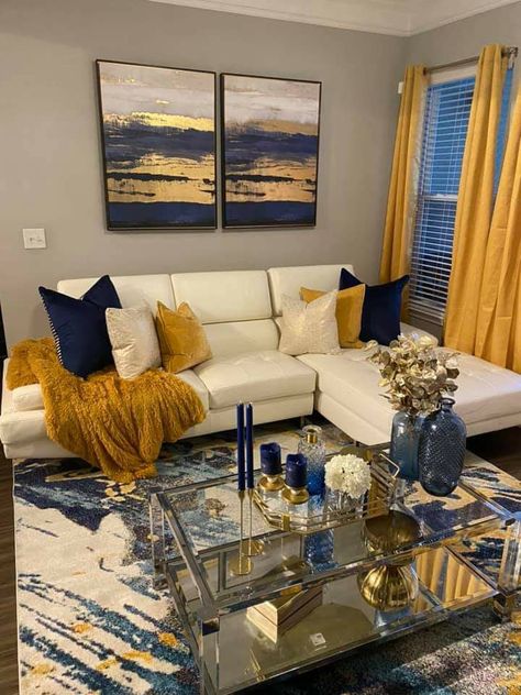 Black Dining Room Set Ideas, Sectional Living Room Layout Small Apartment, First Apartment Color Schemes, Teal And Gold Living Room Decor, Den Decorating Ideas Cozy Comfy, Living Room Decor Blue And Gold, Gold And Navy Blue Living Room, Entryway Home Decor, Navy Blue And Gold Living Room Ideas