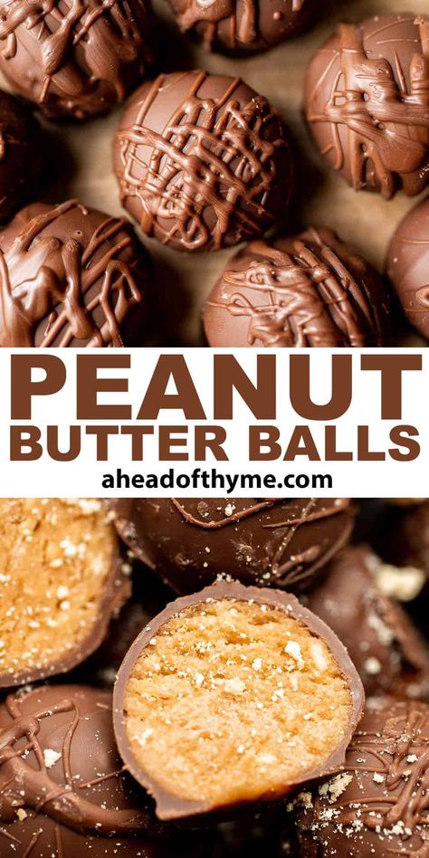 Soft, sweet, and creamy, these Peanut Butter Balls are perfect as bite-sized treats for the holidays or any day you need a little pick-me-up. These no bake treats are made with just a handful of ingredients that are shaped into small balls and coated with a layer of rich chocolate that adds a luscious finish and takes them over the top. Peanut butter truffles have a light and creamy texture. | aheadofthyme.com #peanutbutterballs #peanutbuttertruffles via @aheadofthyme Nut Butter Balls, Peanut Butter Truffles No Bake, No Bake Peanut Butter Balls, Peanut Butter Balls Recipe, Peanut Butter Truffles, Thyme Recipes, No Bake Peanut Butter, Christmas Delights, Truffle Butter