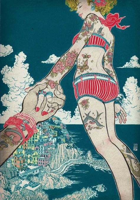 Imago Gallery Cinque Terre poster - Yuko Shimizu Yuko Shimizu, Mixed Media Illustration, Ocean Fashion, School Of Visual Arts, Italy Art, Pulp Art, Japanese Prints, Cinque Terre, Art Website