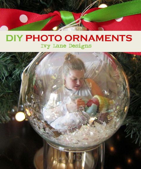 IVY LANE DESIGNS: DIY Glass Photo Ornaments Clear Ornament Balls, Glass Ornaments Diy, Diy Photo Ornaments, Picture Christmas Ornaments, Diy Christmas Photo, Diy Christmas Ball, Clear Plastic Ornaments, Homemade Pictures, 12 Days Of Xmas