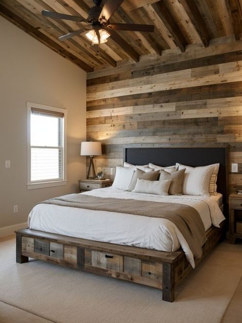 Accent Wall Vaulted Ceiling, Bedroom Sets Ideas, Farmhouse Bedroom Set, Bedroom Accent Wall, Cabin Room, Wooden Accent Wall, Rustic Farmhouse Bedroom, Sleek Furniture, Headboard Wall