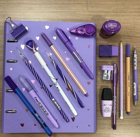 Stationery Obsession, Cute Stationary School Supplies, School Bag Essentials, Cute School Stationary, Kawaii School Supplies, Purple Vibe, Cool School Supplies, Study Stationery, Stationery Essentials