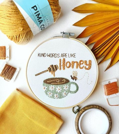 Stitchin With Samantha on Instagram: "“Honey, I’m home!” - The ‘Kind Words Like Honey’ pattern entering my Etsy shop🐝✨ I adore this little pattern, and I’m so excited that it’s now available! This is an intermediate pattern that utilizes 7 different stitches! All of my PDF patterns come with a supplies guide, color breakdown, stitching guide, step-by-step instructions with photos, and more!✨ #embroidery #embroideryart #handembroidery #modernembroidery #handmade #hoopart #embroiderypatterns #ha Christian Embroidery Designs, Bible Verse Embroidery, Verse Embroidery, Bible Pdf, Christian Embroidery, Digital Embroidery Patterns, Christian Crafts, Cute Embroidery, Pattern Steps