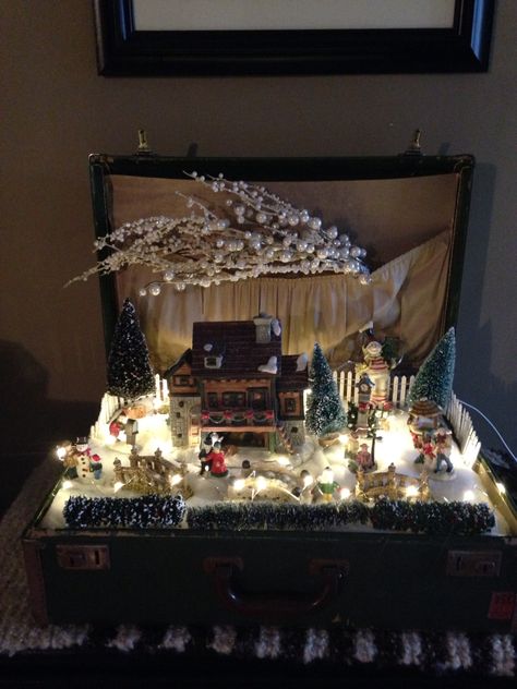 Old Suitcase Christmas Decor, Christmas Chest Decorations, Christmas Suitcase Decor, Christmas Trunk Decorating Ideas, Christmas Suitcase, Christmas Tree Toppers Unique, Christmas Tree Village Display, Diy Christmas Village Displays, Christmas Tree Village