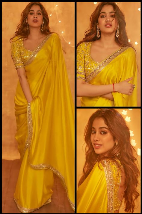 Jahnvi Kapoor Yellow Saree, Haldi Bridal Outfit Saree, Jhanvi Kapoor Yellow Saree, Janhvi Kapoor Yellow Saree, Jaanvi Kapoor In Saree, Sarees For Diwali, Simple Sarees For Wedding, Haldi Sarees For Bride, Haldi Saree Outfit