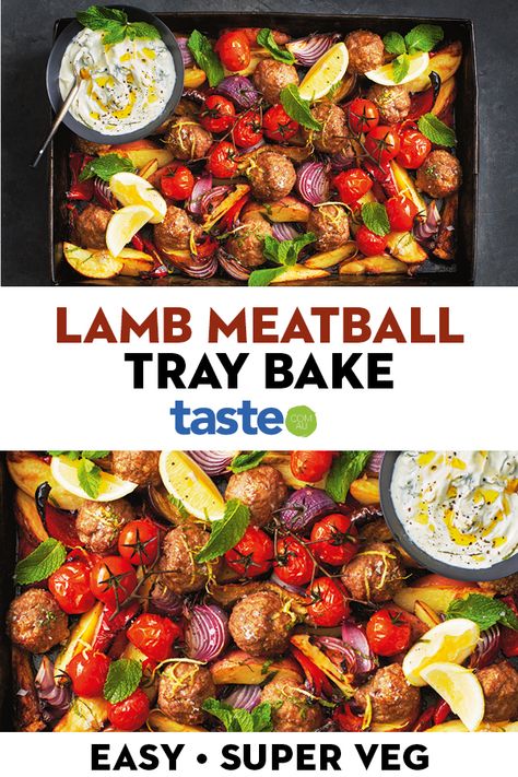 Enjoy the flavours of the Mediterranean in this family-friendly tray bake dinner. #lamb #meatballs #traybake #dinner #dinnerideas #australia #australian #australianrecipes Dinner Tray Bakes, Greek Tray Bake, Meatball Tray Bake, Tray Bakes Dinner, Easy Tray Bakes Dinner, Healthy Tray Bake Dinners, Tray Bake Vegetarian, Lamb Tray Bake, Tray Bake Dinner