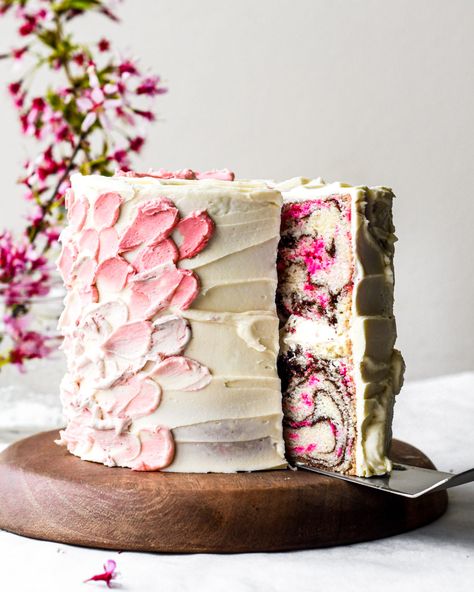 cherry blossom cake (inside and out) - buttermilk Sakura Cake, Cherry Blossom Cake, Blossom Cake, Whiskey Cake, Chocolate Tree, Layer Cake Recipes, Naked Cakes, Gateaux Cake, Cherry Cake