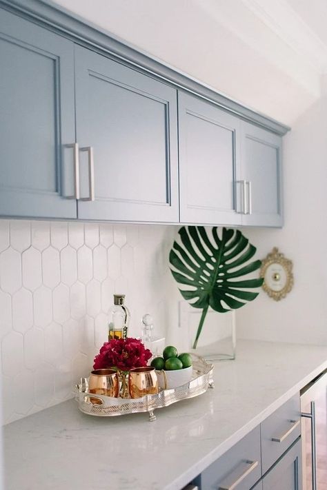 Cabinets Sherwin Williams, Sherwin Williams Storm Cloud, Backsplash Kitchen White Cabinets, Kitchen Credenza, Grey Blue Kitchen, Hexagon Backsplash, Blue Kitchen Cabinets, Backsplash Kitchen, Kitchen White