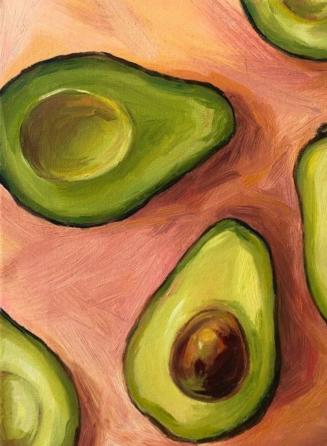 Avocado Art Paintings, Guache Painting Ideas Simple, Fruits Acrylic Painting, Avocado Drawing Simple, Painting Ideas Oil Paint, Painting Ideas Food, Avocado Painting Acrylic, Simple Fruit Painting, Minimalistic Painting Ideas