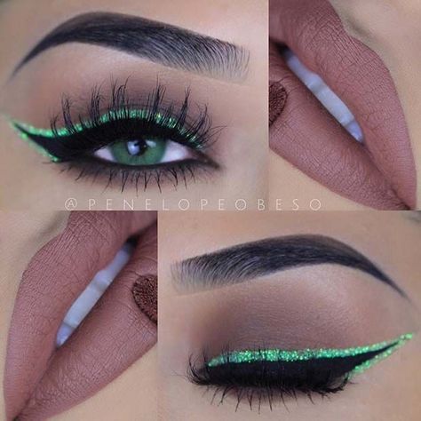 Eyeliner Verde, Glitter Carnaval, Eye Bags Makeup, Eyeliner Shapes, How To Do Eyeliner, Green Eyeliner, Eyeliner Hacks, Essence Makeup, Nails Tutorial