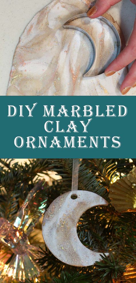 How to Make DIY Marbled Clay Ornaments | DIY Polymer Clay Ornaments in Moon and Star Shapes Clay Ornaments Diy, Polymer Clay Projects Diy, Marble Ornaments, Aqua Christmas, Diy Moon, Diy Polymer Clay, Diy Star, Marbled Clay, Diy Christmas Ornament