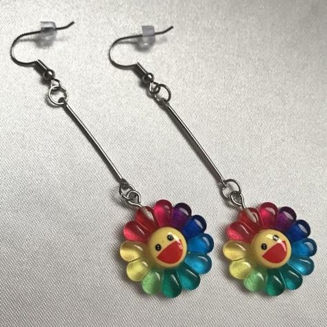 Best Earrings, Grunge Jewelry, Flower Drop Earrings, Quirky Earrings, Earrings Aesthetic, Rainbow Flower, Indie Jewelry, Funky Earrings, Takashi Murakami