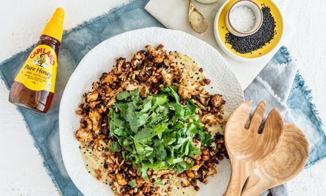 Spice Roasted Cauliflower with Creamy Honey Herb Salad | Capilano Honey Honey Roasted Chickpeas, Charred Cauliflower, Creamy Honey, Winter Salad Recipes, Herb Salad, Hearty Salads, Winter Salad, Honey Roasted, Roasted Chickpeas