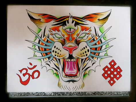 Will Koffman / English Tattoo Company Tiger Tattoo Meaning, Buddhist Symbol Tattoos, White Tiger Tattoo, Third Eye Tattoos, Tiger Sketch, Buddhist Symbols, Tiger Art, English Tattoo, Tiger Tattoo