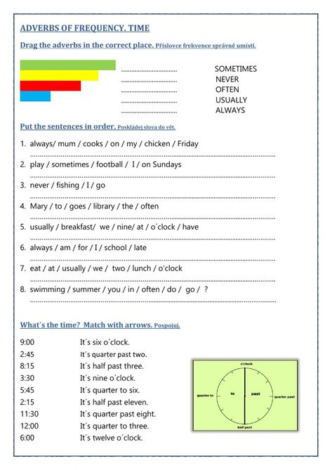 Adverbs of frequency + time - Interactive worksheet Adverb Of Time Worksheets, Adverb Worksheets For Grade 2, Kinds Of Adverbs Worksheet, Adverb Of Frequency Worksheets, Ly Adverbs Worksheet, Adverbial Phrases, English For Students, English Grammar Tenses, Simple Present Tense