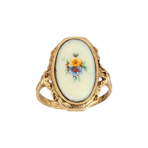 Featuring an enamel center stone with a floral decal, this gold tone ring from 1928 is the perfect way to add a touch of vintage sweetness to any ensemble. Featuring an enamel center stone with a floral decal, this gold tone ring from 1928 is the perfect way to add a touch of vintage sweetness to any ensemble. Size 8 Width: 0.8 Inches Metal: alloy Plating: gold tone Finish: polished Not appropriate for children 14 years old and younger. Color: Multi. Gender: female. Age Group: adult. Funky Rings, 1928 Jewelry, Floral Decal, Enamel Ring, Wedding Watch, Flower Ring, Perfect Ring, Vintage Rings, Statement Rings