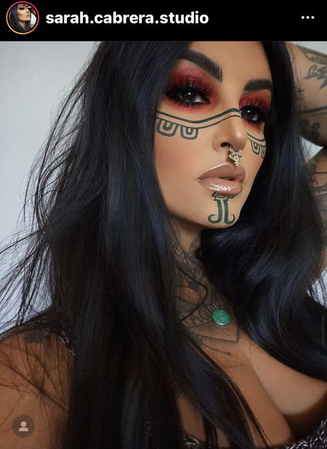 Blacked Out Eyes, Sarah Cabrera, Native American Makeup, Aztec Costume, Dark Celestial, Warrior Makeup, Neon Face Paint, Witchy Makeup, Norse Warrior