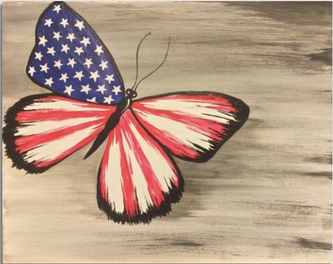 Usa Patriotic Art, Patriotic Painting Ideas, Fourth Of July Painting, Patriotic Paintings, Patriotic Butterfly, American Flag Painting, Paint Night Ideas, Paint Party Ideas, Patriotic Art