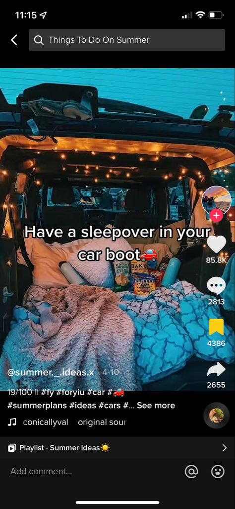 Car Boot Sleepover, Truck Sleepover, Car Sleepover Ideas, Car Trunk Date, Trunk Date Night Car, Car Sleepover, Perfect Sleepover, Den Ideas, Fun Sleepover Ideas