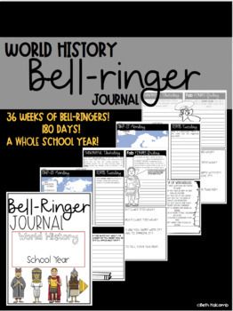 These bell-ringers can be printed and bound as a journal or simply printed each week as bell-work! This journal includes:180 discussion provoking bell-ringersBuild map skills with Map-it MondaySpiral in vocabulary with Terms TuesdayProvoke deeper thoughts and spiral in primary sources with wordy WednesdayGet students thinking critically with thoughtful ThursdaysBuild students knowledge of real life historical figures with a weekly Figures Friday featureTwo cover options  an ink-saver option grea World History Bell Ringers, History Bell Ringers, High School Teacher Classroom, Historical Thinking Skills, Thinking Critically, Historical Thinking, Interactive Student Notebooks, Teaching Themes, High School History