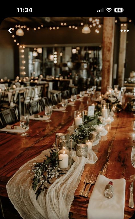 Wedding Theme Ideas Country, Long Wedding Table Ideas, Gauze Runner Wedding, Wedding Greenery And Candles, Wedding Lots Of Greenery, Beige Wedding Theme Table Settings, Eucalyptus Wedding Tables, Long Tables Wedding Reception Simple, Eucalyptus Long Table Decor