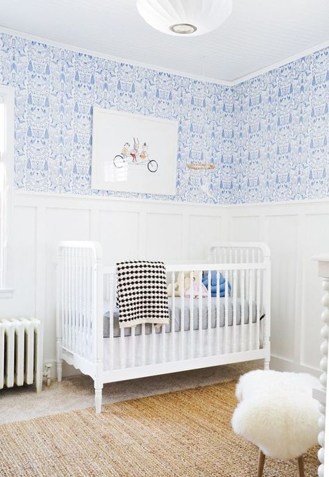 After 6 weeks of renovation, the space is complete! Come check out Francois Renovates' Nursery Before & After. Psst...there's a video! Cosy Nursery, Nursery Ideas Boy, Baby Blue Nursery, Twins Nursery, Nursery Accents, Nursery Accent Wall, Kindergarten Wallpaper, Wallpaper Nursery, White Nursery