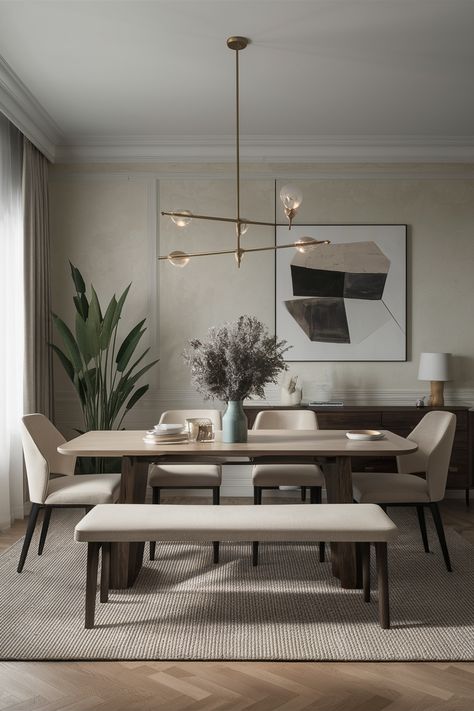 15 Modern Dining Room Ideas to Transform Your Space Asymmetrical Dining Room, Dining Room Office Ideas, Trending Dining Rooms 2024, Light Wood Dining Room, Traditional Modern Dining Room, Modern Mid Century Dining Room, Dining Living Room Combo, Modern Scandinavian Dining Room, Dining Room Design Minimalist