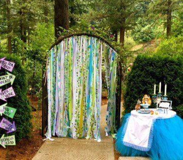 Lime Green Curtains, Ribbon Curtain, Garden Party Games, Woodland Fairy Party, Diy Woodland, Fairy Garden Birthday Party, Creative Party Ideas, Fairy Garden Party, Photos Booth