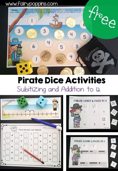 These free pirate activities are great for kids in preschool and kindergarten There is a roll and cover game to identify numbers, a number line addition activity and subitizing activities. #pirateactivities #numberactivities #subitizingactivities Pirate And Mermaid Theme Preschool, Pirate Activities Preschool, Preschool Pirates, Dice Activities, Fairy Poppins, Pirates And Mermaids, Pirate Maths, Pirate Preschool, Subitizing Activities