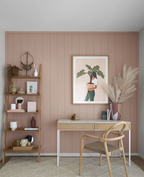 Study featuring pink wall panelling. Onyx 22 Display Home - Mt. Atkinson, Truganina. Panelling Office, Pink Wall Panelling, Pink Panelling, Pink Office, Wall Panelling, Melbourne Victoria, Pink Wall, Study Office, Salon Decor