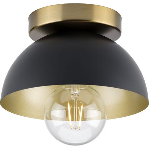 Offer nostalgic charm for today's home with a flush mount from the Eva Collection. A classic matte black shade is complemented by beautiful brushed bronze accents for an eye-catching, two-toned color scheme. Compatible with dimmable bulbs. Progress Lighting Eva 1-Light 7.375-in Matte Black Incandescent Flush Mount Light | P350217-31M Black Flush Mount Light, Modern Flush Mount Lighting, Black Mid Century Modern, Modern Flush Mount, Flush Mount Lights, Flush Mount Light, Progress Lighting, Brushed Bronze, Mount Light