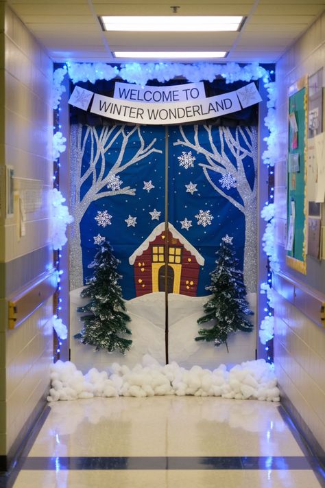 A decorated classroom door featuring a "Winter Wonderland" theme with a snowy backdrop, a house in the center, glittering trees, snowflakes, and cotton snow accents creating a festive and cozy holiday vibe. Cute Christmas Door Decorating Contest, Winter Season Board Ideas, Holiday Door Decorating Contest Work, Winter Door Decorations For Work, Let It Snow Door Decoration, Igloo Classroom Door Ideas, Christmas Door Decorating Contest High School, Christmas Door Decorations For School Contest Winter Wonderland, Winter Wonderland Door Decorations For School