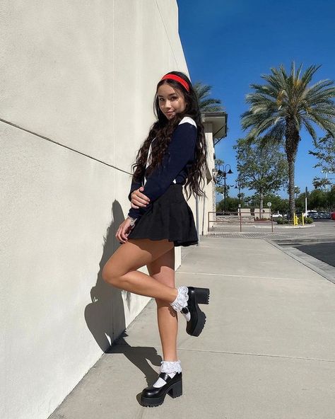 BRIANNA GOMEZ ❁ on Instagram: “ready 4 school!!!” platform mary jane shoes from dolls kill pleated brandy melville skirt argyle sweater headband frilly lace socks #vintageoutfits #fashion #brandymelville #outfitideas #dollskill #pleatedskirt #skirtoutfit #outfits #trendy Platform Mary Janes Outfit, Outfits With Mary Janes, Mary Jane Outfit, Mary Janes Outfit, Mary Jane Shoes Outfit, Fashion 40s, Estilo Madison Beer, Brandy Melville Skirt, Fashion Haul