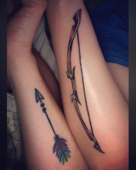 Bow and arrow tattoo. Couples tattoos. Semicolon. Tattoos. #couplestattoosunique Bow And Arrow Couples Tattoo, Husband And Wife Bow And Arrow Tattoo, Bow Tattoo Men Archery, His And Her Bow And Arrow Tattoos, Matching Tattoos Couples Bow And Arrow, Viking Bow And Arrow Tattoo, Couples Bow And Arrow Tattoo, Archery Bow Tattoo, Bow And Arrow Tattoo For Men