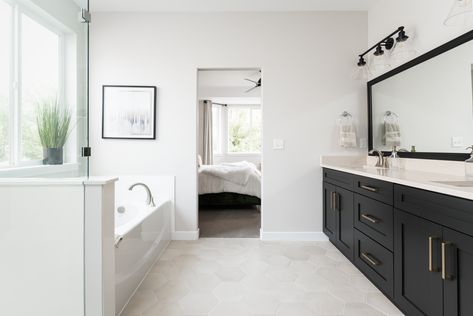 Tile Floor Master Bath, Tile Floor Hexagon, Master Bath Tile Floor, Makoto Tile Bedrosians, Bedrosians Makoto Shoji White, Tile Shower And Tub, Bedrosians Makoto, White Hexagon Floor, Modern Farmhouse Bathroom Black Hexagon Tile