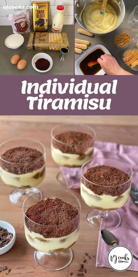 Decadent individual tiramisu made from sponge fingers soaked in coffee liqueur layered with a cream mixture and grated chocolate. The cream mix is made from whipped cream mixed with mascarpone, eggs and sugar. This impressive receipe makes 6 individual tirmaisu. But each cup could easily be shared between 2 people to make 12 portions. An excellent option for a dinner party, your friends and family will be so impressed with this dessert. #vjcooks #tiramisu Tiramisu In Cup, Tiramisu Cups Individual, Individual Tiramisu Cups, Individual Tiramisu, Healthy Baking Alternatives, Sugar Free Pastries, Trifle Bowl Recipes, Tiramisu Cups, Vj Cooks