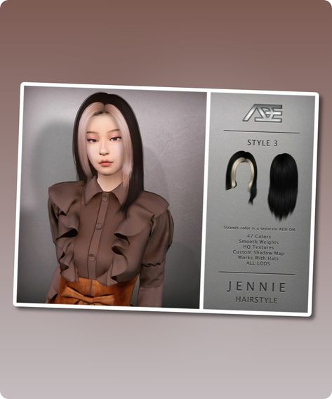 Sims 4 Jennie Style 3 (Hairstyle) Jennie Hairstyle – Style 3 Dual tone strands can be downloaded separately, check my TSR page or see recommended tab to get them. New Hair Mesh 47 Solid Colors HQ Textures No Morph Smooth Weight Work with Hats All LODs Custom Ambient Occlusion/Shadow Map Filesize: 32 MB Origin ofContinue reading "Jennie Style 3 (Hairstyle)" #sims4 #hq_mod #hairstyles #sims4cc #sims #gaming Sims 4 Jennie, Occlusion Shadow, Mod Hairstyles, Hair Without Bangs, Jennie Style, 4 Hairstyles, Mod Jacket, Sims 4 Cc Download, Burnt Hair