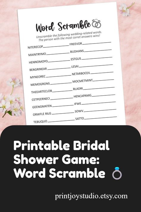 Get ready for some
word fun with our printable Word Scramble game! Secure your copy and see who
can unscramble the bridal terms the fastest. https://etsy.me/3xE9lXZ Wedding Games For Reception, Bridal Shower Word Scramble, Bridal Shower Game Ideas, Bridal Word Scramble, Scramble Game, Bridal Games, Printable Bridal Shower Games, Word Scramble, Bridal Shower Game