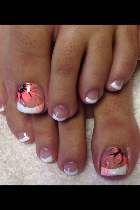 Summer pedi, French with flower Glitter French Pedicure Toenails, French Toenails With Design, Toenail Designs French Tip, Toe Nails French Tip Designs, Toenail Art Designs Flower, French Pedicure Designs Toenails Summer, Toenail Paint Ideas, Beachy Toenail Designs, French Tip Pedicure With Design