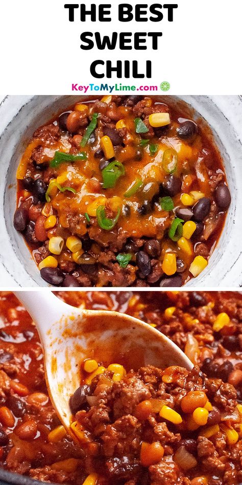 If you’re looking for the best hearty cold weather comfort food, this Sweet Chili Recipe is for you! It’s the perfect balance of flavors between sweet, spicy, and smoky. It’s all around a delicious chili that everyone in the family loves (and always wants seconds of)! #SweetChili #ChiliRecipe #Chili #BeefChili #ComfortFood KeyToMyLime.com Chili Recipe Sweet, Bbq Chili Recipe, Summer Chili Recipe, Sweet Chili Recipe, Unique Chili Recipes, Bbq Chili, Spicy Chili Recipe, Homemade Chili Recipe, Cold Weather Comfort Food