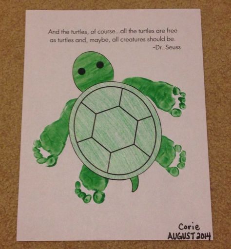 Infant Turtle Crafts, Turtle Theme Daycare Room, Turtle Infant Art, Turtle Toddler Craft, Ocean Infant Crafts, Summer Infant Crafts Footprints, Footprint Turtle, Turtle Footprint Art, Beach Footprint Art