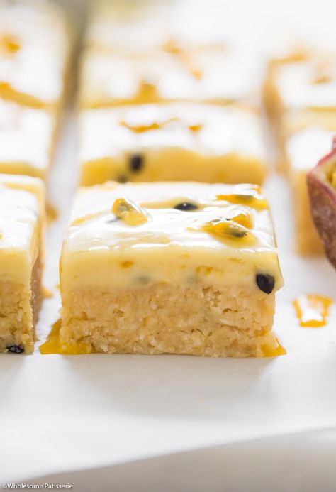 Lemon Passionfruit Slice, Passion Fruit Slice, Easy Eid Recipes, Scotch Cake, No Bake Slice, Walnut Slice, Passionfruit Slice, Brigadeiro Recipe, Mini Tartlets