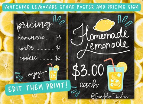 Lemonade Stand Poster & Pricing Sign Bundle, Editable Template, Summer Kids Lemonade Sale, Booth Signs, Custom Lemonade Stand Signage Prints Lemonade Stand Ideas Diy, Lemonade Stand Poster, Stand Signage, Kids Lemonade Stands, Lemonade Stand Sign, Standing Signage, Diy Lemonade Stand, Kids Lemonade, Diy Lemonade