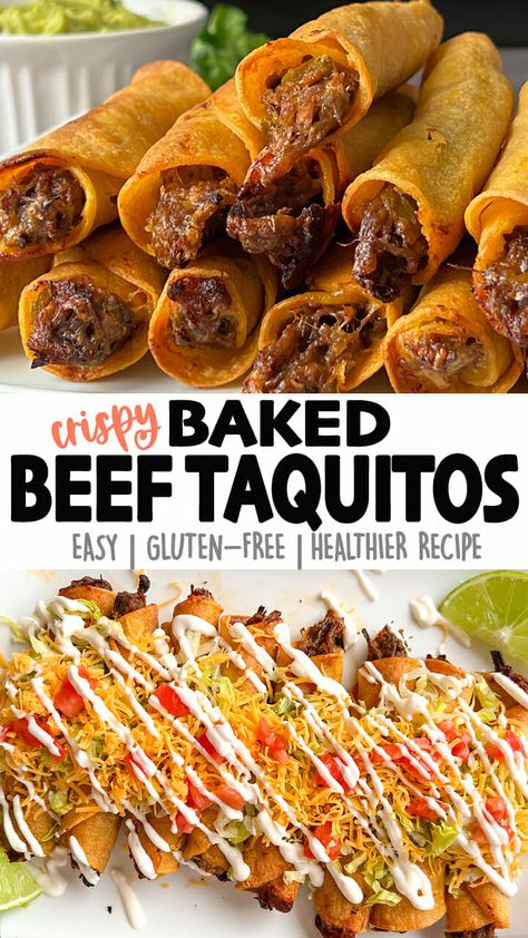 Cheesy Shredded Beef Taquitos that are baked, not fried! This baking method makes cooking a big batch of taquitos a breeze, and less clean-up! They are also healthier, not greasy, and you still get that crunchy CRISPY outer shell! Click for the full detailed recipe and video! #taquitos #beef #mexicanfoodrecipes #easyrecipe #glutenfreerecipes #easydinner Shredded Beef Taquitos, Beef Taquitos, Baked Taquitos, Shredded Beef Recipes, Taquitos Beef, Taquitos Recipe, Authentic Mexican Recipes, Shredded Beef, Mexican Food Recipes Easy