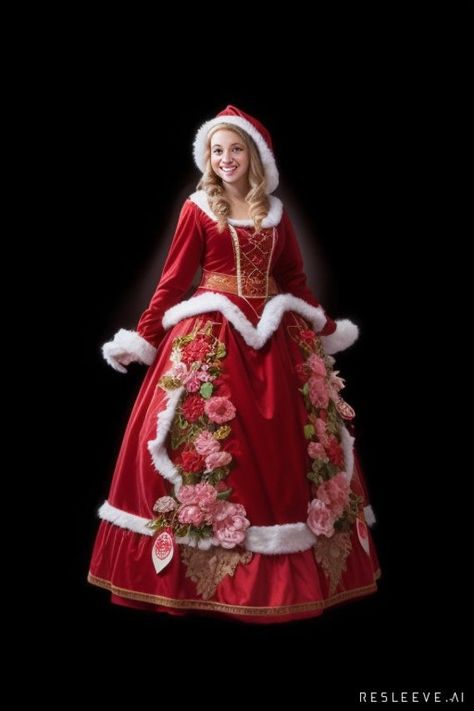 A highly detailed mrs Claus costume. A red and white satin Mrs Santa Claus dress ideal as Mrs Claus costume or a Christmas Dress. Would suit a Professional Christmas Entertainer, lovely for a Santas grotto. This is an AI generated design which we will make a reality! Can also be adapted and redesigned . Hat. Wig etc not included. Made to measure   We need ... Height, waist, hip, bust, hollow to hem. We can make in standard sizes for ease.. just measage. This is ideal for a professional entertain 1700 Dresses, Mrs Claus Costume, Mrs Claus Outfit, Mrs Claus Dress, Santas Grotto, Santa Claus Dress, Mrs Santa Claus, Christmas Party Outfit, Christmas Entertaining