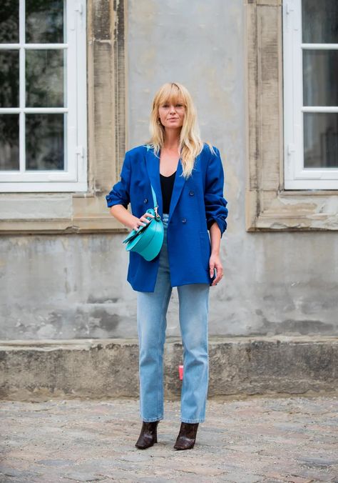 Fall Outfit Ideas 2019 | POPSUGAR Fashion Cobalt Blazer, Blue Blazer Outfit, Jeans Trend, Jeans Blazer, Snake Print Boots, Fall Blazer, Jeans Outfit Fall, Outfit Plan, Blazer Outfit