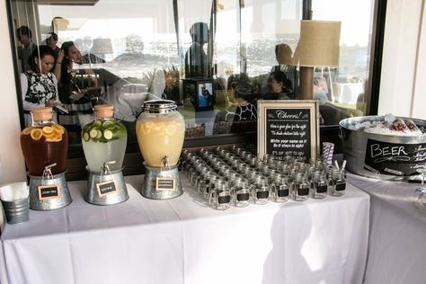 Wedding self-serve bar.  Drink dispensers from Pottery Barn. Beverage Station Party, Wedding Cocktail Bar, Wedding Drink Bar, Wedding Drink Station, Soda Bar, Drink Display, Reception Bar, Alcohol Bar, Liquor Bar