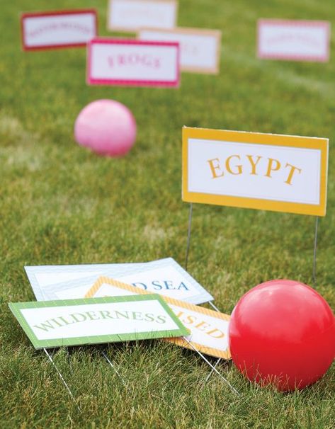 Equipment for the Moses' Kickball Croquet game rests on the grass. Vacation Bible School Games, Passover Games, Croquet Game, Exodus Bible, Bible Study Activities, Bible Heroes, Church Games, Christian Activities, Bible School Crafts