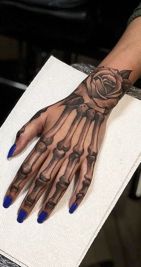 Skeleton On Hand Tattoo, Hand Tattoos Skeleton, Hand Tattoo Meaning, Skeleton Hand Tattoos, Small Wave Tattoo, Hand Skeleton, Skull Hand Tattoo, Rose Hand Tattoo, Women Skeleton